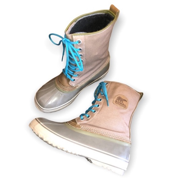 Sorel 1964 Premium Canvas Mid-Calf Waterproof Boots with Turquoise Laces - Picture 1 of 16